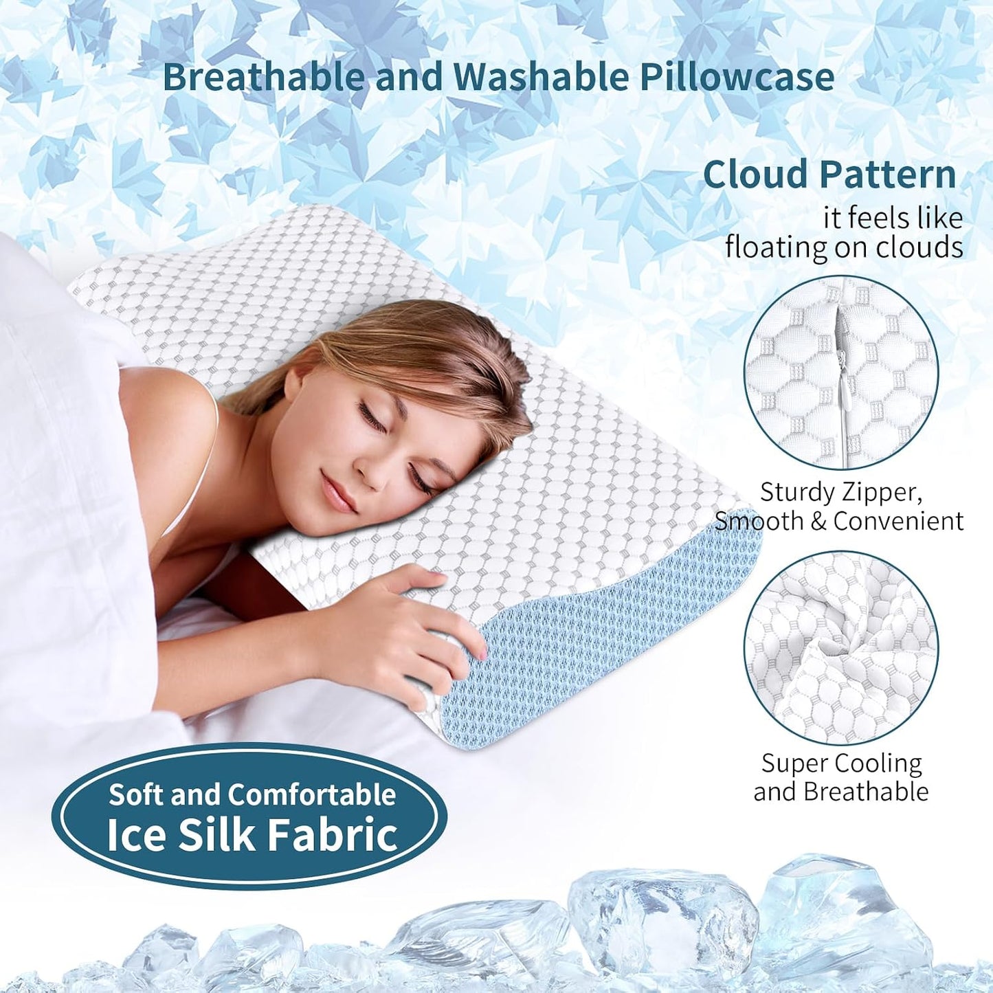 Cervical Neck Pillow for Pain Relief - Ergonomic Contour Memory Foam Pillows, Cooling Side Sleeper Pillow for Sleeping, Orthopedic Bed Pillow for Back Stomach Sleepers with Pillowcase(White & Blue)