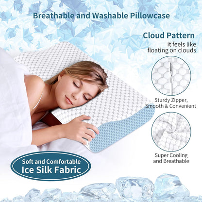 Cervical Neck Pillow for Pain Relief - Ergonomic Contour Memory Foam Pillows, Cooling Side Sleeper Pillow for Sleeping, Orthopedic Bed Pillow for Back Stomach Sleepers with Pillowcase(White & Blue)