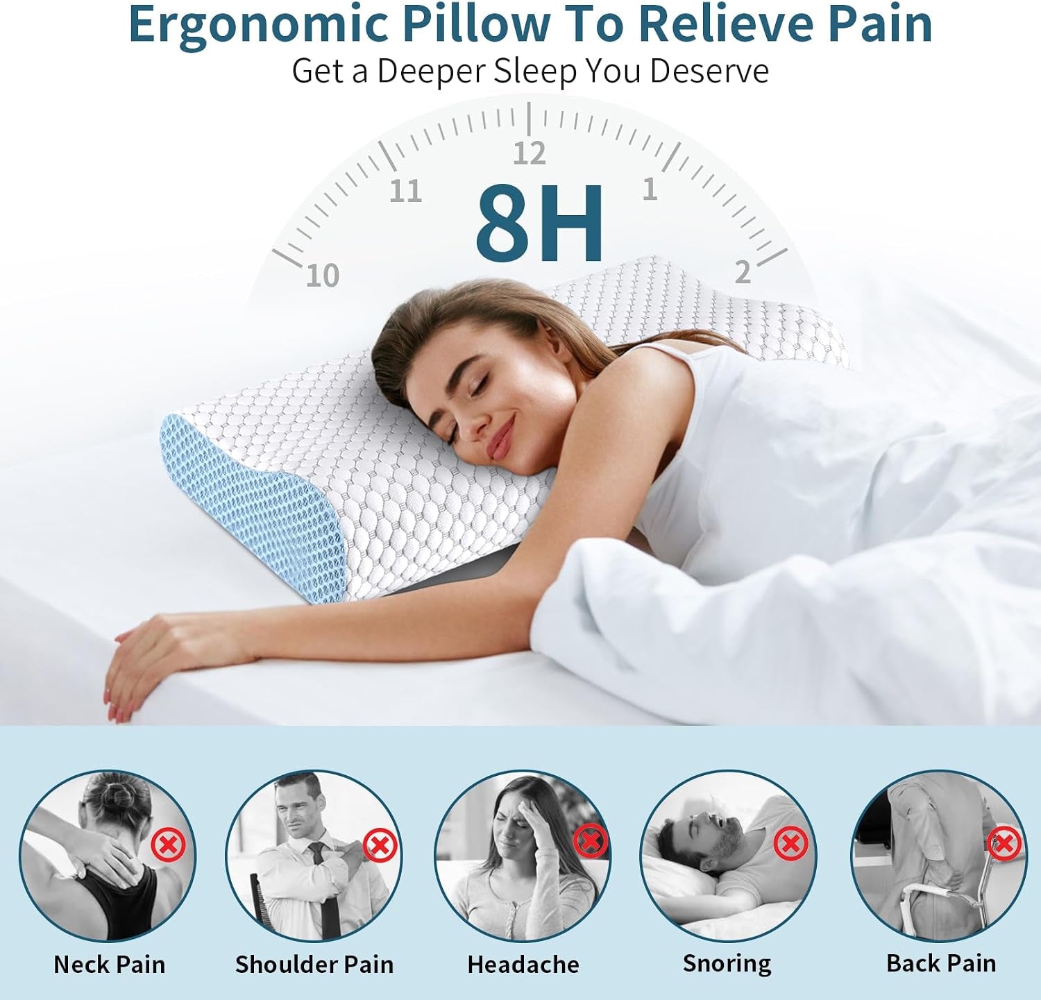 Cervical Neck Pillow for Pain Relief - Ergonomic Contour Memory Foam Pillows, Cooling Side Sleeper Pillow for Sleeping, Orthopedic Bed Pillow for Back Stomach Sleepers with Pillowcase(White & Blue)