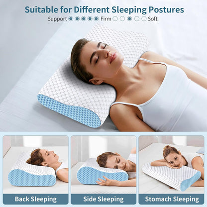 Cervical Neck Pillow for Pain Relief - Ergonomic Contour Memory Foam Pillows, Cooling Side Sleeper Pillow for Sleeping, Orthopedic Bed Pillow for Back Stomach Sleepers with Pillowcase(White & Blue)
