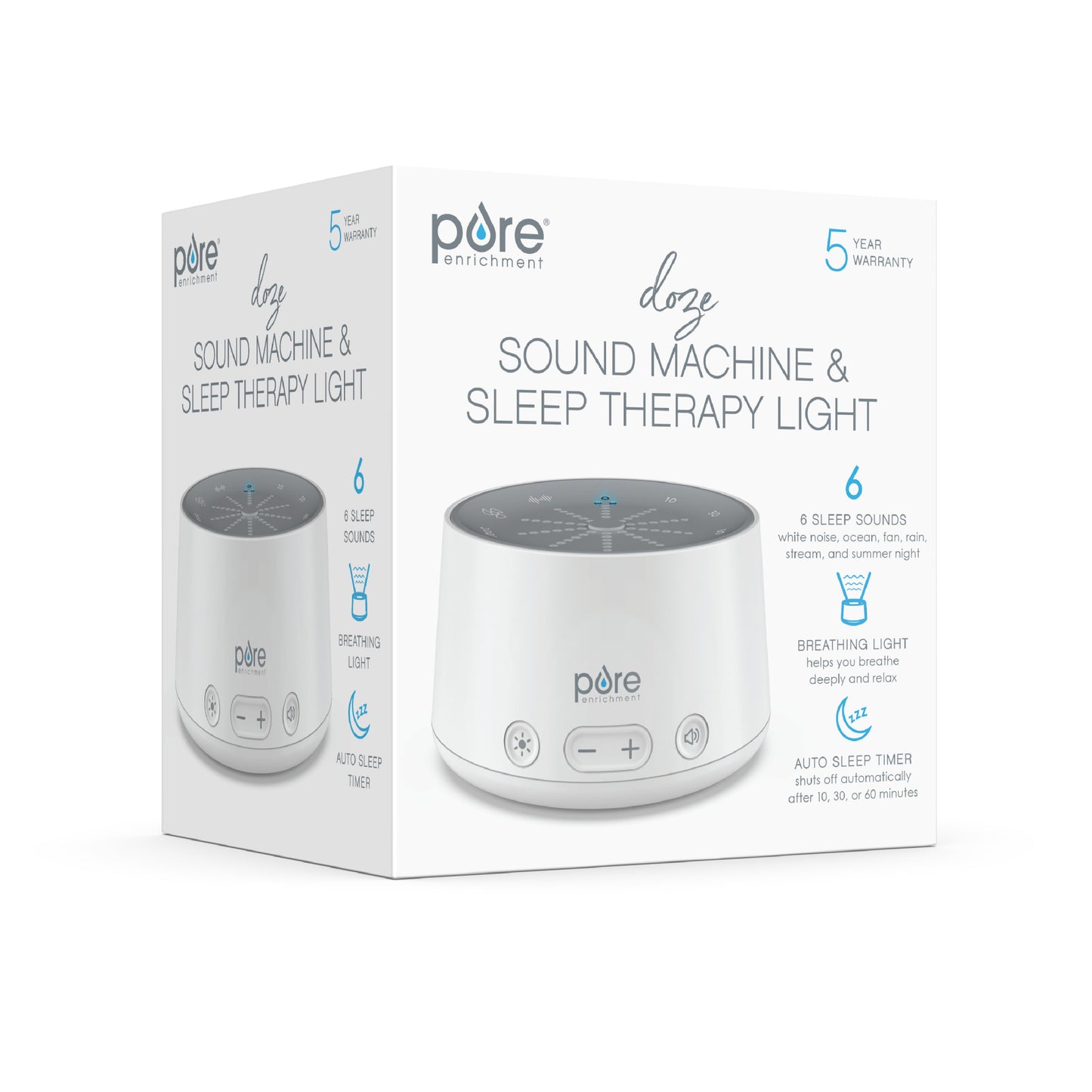 DOZE Sound Machine and Sleep Light - 6 Soothing Sounds, Relaxing Pulse Light, Auto Sleep Timer, and Built-In USB Charger - All-Natural Sleep and Stress Reliever