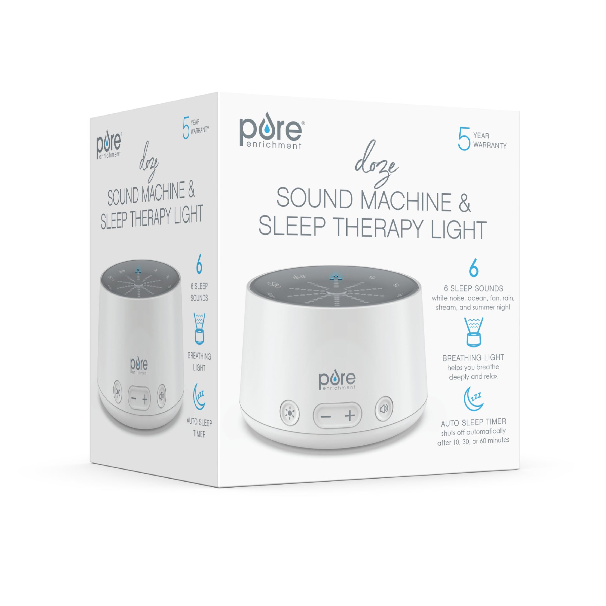 DOZE Sound Machine and Sleep Light - 6 Soothing Sounds, Relaxing Pulse Light, Auto Sleep Timer, and Built-In USB Charger - All-Natural Sleep and Stress Reliever