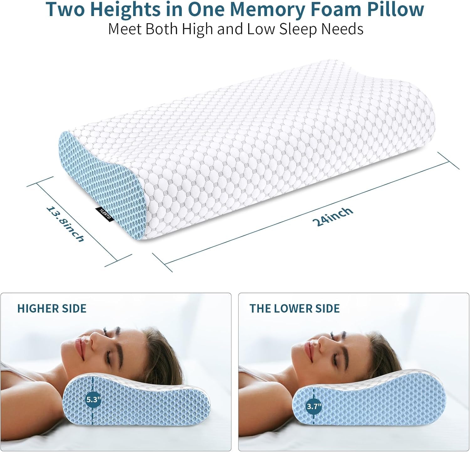 Cervical Neck Pillow for Pain Relief - Ergonomic Contour Memory Foam Pillows, Cooling Side Sleeper Pillow for Sleeping, Orthopedic Bed Pillow for Back Stomach Sleepers with Pillowcase(White & Blue)