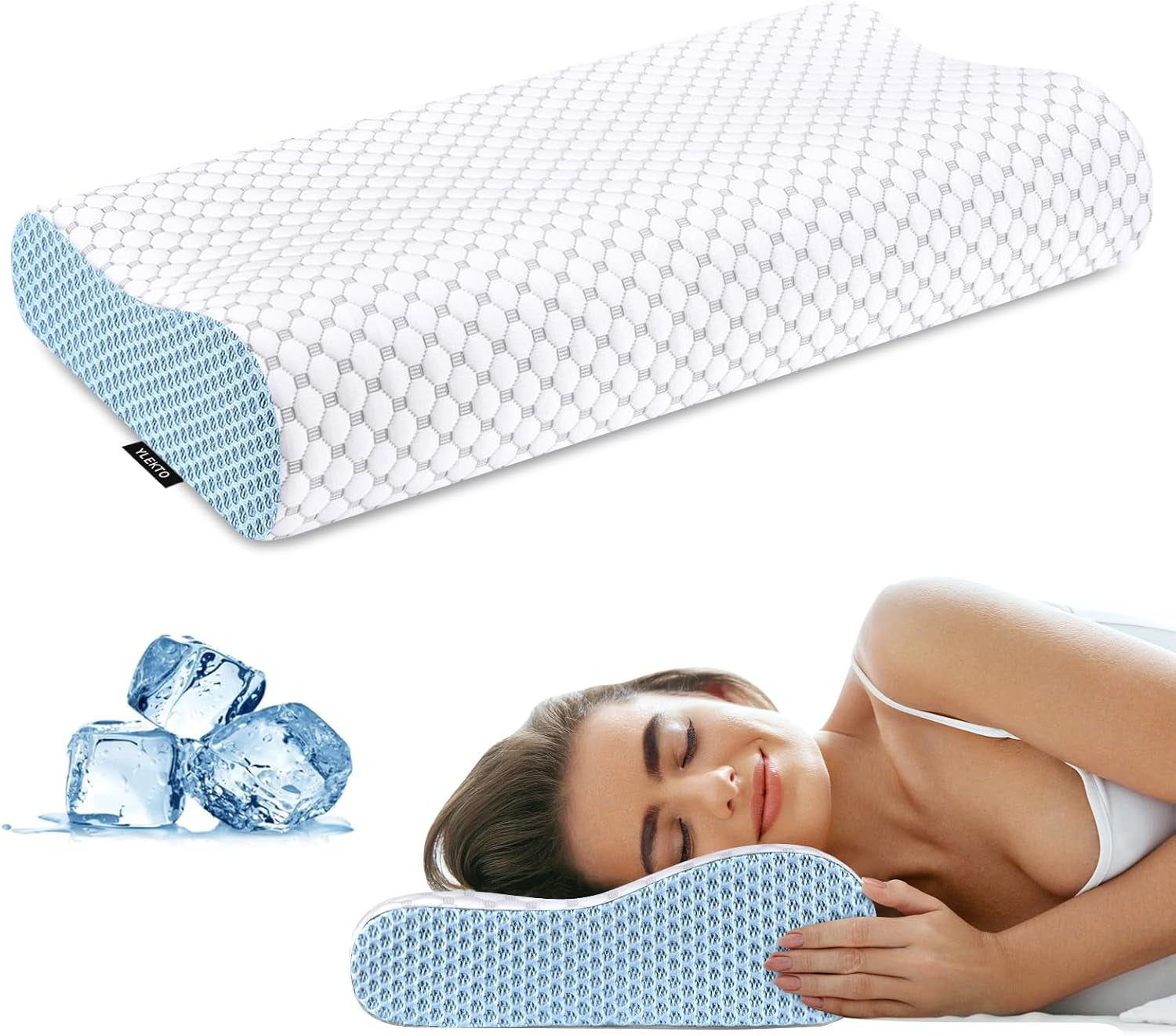 Cervical Neck Pillow for Pain Relief - Ergonomic Contour Memory Foam Pillows, Cooling Side Sleeper Pillow for Sleeping, Orthopedic Bed Pillow for Back Stomach Sleepers with Pillowcase(White & Blue)